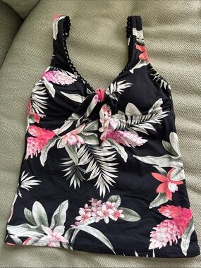 Tommy Bahama Black Floral Tie-Front Swim Cami with Pink & Green Accents
